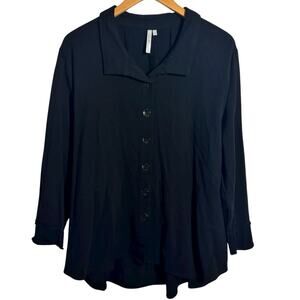 LuLu B Top Women 1X Black Button Up 3/4 Sleeve Cotton Spandex Tunic Lagenlook